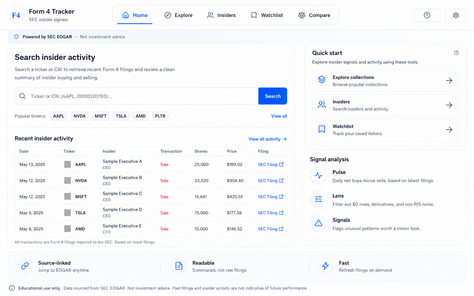 SEC Insider Activity Tracker interface preview