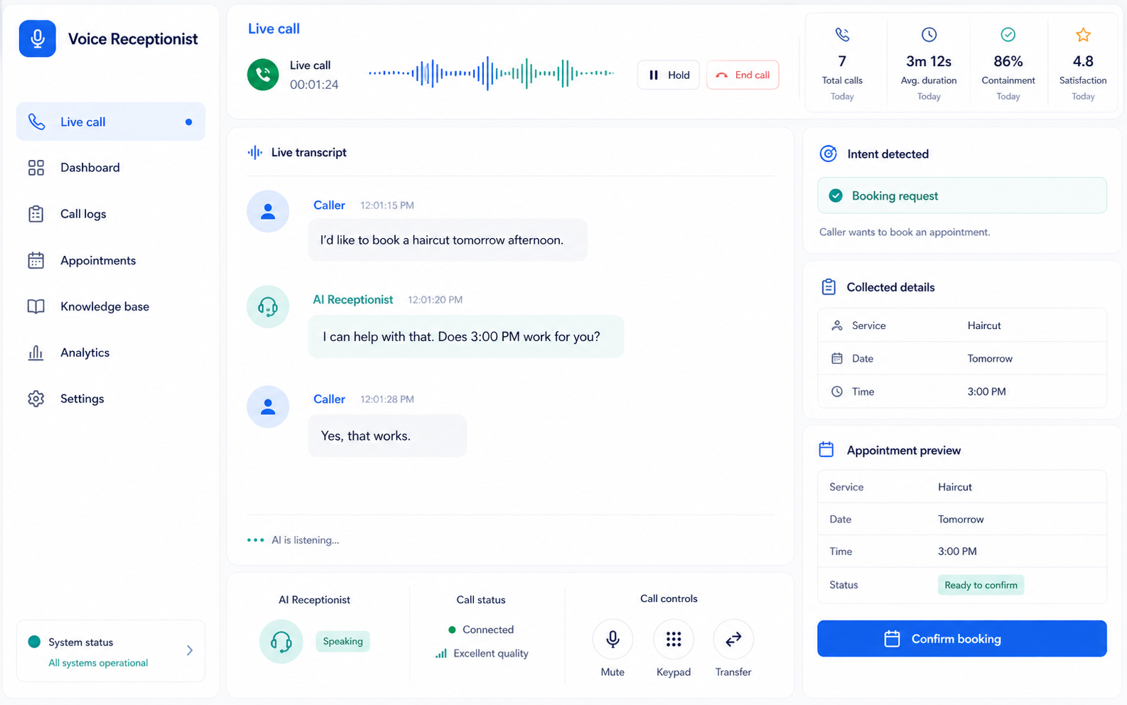 Voice Receptionist Prototype interface preview